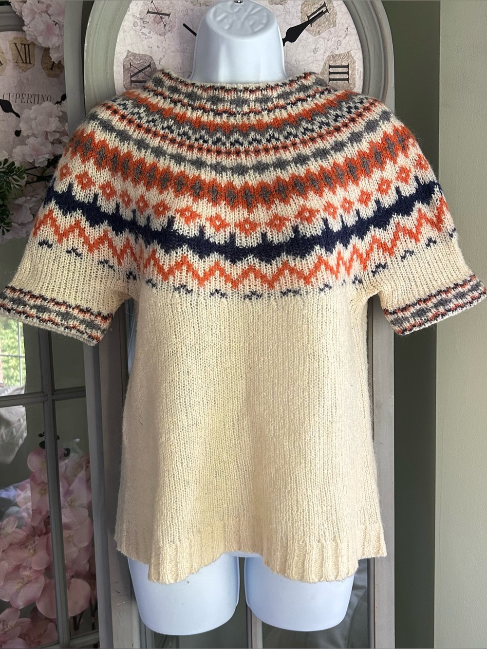 Vintage-Style DEWDROP Fair Isle Short Sleeve Sweater Cream/Navy/Rust/Gray Size S
